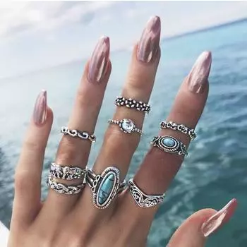 Articulated ring multi-piece set European and American vintage turquoise flower moon pentagram opening ring set of 15 pieces