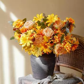 Artificial Mum Bush Sunflowers Faux Fall Chrysanthemums Flower Bouquets Silk Floral Arrangements With Pinecone Stems One Size
