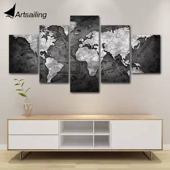 ArtSailing 5 шт. холст черно-белая карта мира живопись HD фотографии настенное украшение для дома для гостиной плакат 20x35cm*2 20x45cm*2 20x55cm*1