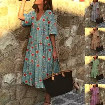 Ashley Woman Boho Женское платье миди с V-образным вырезом и половиной рукавом с цветочным принтом и большим подолом для пляжной вечеринки