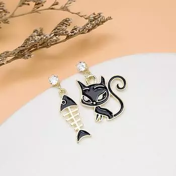 Асимметричные серьги с кошачьими рыбьими косточками из мультфильмов, серьги с котятами из мультфильмов с милыми милыми животными золотой