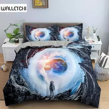 Astronaut Duvet Cover Set Spaceman Pattern Bedding Set for Boys Girl Microfiber Bedclothes Twin King Size 2/3pcs Comforter Cover EU single(135x200cm)