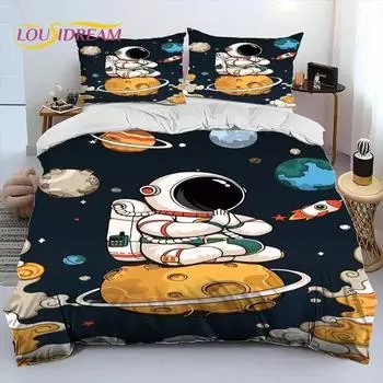 Astronaut Space Cartoon Comforter Bedding Set,Duvet Cover Bed Set Quilt Cover Pillowcase,King Queen Size Bedding Set for Child EU Single 135x200cm