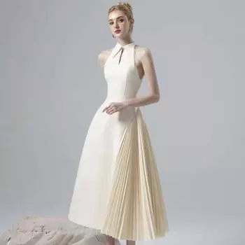 Asymmetric Pleated High-End Long Dress with Pointed Collar Large