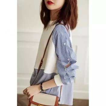 Asymmetric Striped Patchwork Bat Shaped Loose Round Neck Sweatshirt Pullover Top for Women Long Sleeves Women’s S белый