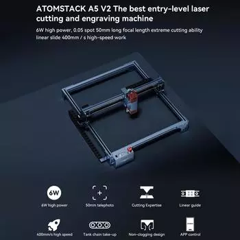 Atomstack Maker A5 V2 Лазерный гравер Высокоскоростной гравировальный станок с фиксированным фокусом Ультратонкий 6 Вт US Plug