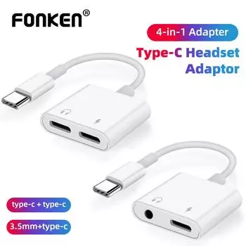 Аудио адаптер Fonken 2 в 1 Type-C USB C «папа» на Type-C 3,5 мм, адаптер для наушников, разветвитель, конвертер для наушников, проводное управление Dual Type-c Port белый