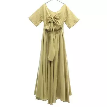 AULA AILA Linen Blend embroidery Short sleeve Long dress beige Women Used