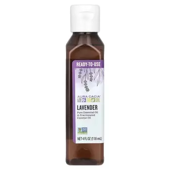 Aura Cacia, чистое эфирное масло, с рафинированным кокосовым маслом, лаванда, 4 жидких унции (118 мл)