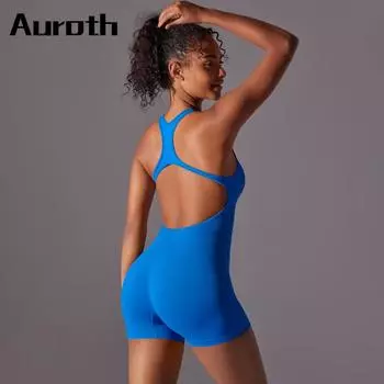 Auroth боди для фитнеса с открытой спиной, женские бесшовные шорты, цельный комбинезон для йоги, спортивный комбинезон для бега, бега S ярко-розовый