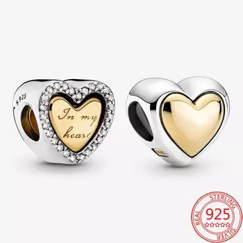 Authentic 925 Sterling Silver Dome Gold Heart Pendant Charm Fit Original Fashion 3mm Bracelet Diy Beaded Jewelry Gift Making