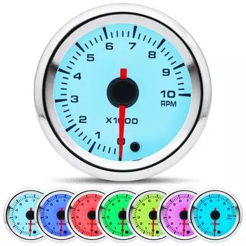 Auto Car 2 52mm Tachometer with 7 Color Backlight 0~10000 RPM Tacho Gauge for 4/6/8 Cylinder Universal Gasoline Car 12V белый