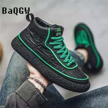 Autum High Top Boots Men s Leather Shoes Winter Fashion Warm Shoes Outdoor Sneakers Lace Up Non-Slip Running Ankle Boots Male 39 черный белый