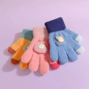 Autumn and Winter Children s Gloves, Warm and Velvet Thickened, Cute Five-fingered Baby 5-13 Years Old, Cartoon Halter Neck, Windproof Average Size