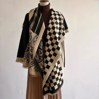 Autumn And Winter Double-Sided Thickened Scarf, Women S Cashew Nut Flower Fashion, Plaid Large Shawl, Windproof And Warm Neck 180*65cm серый