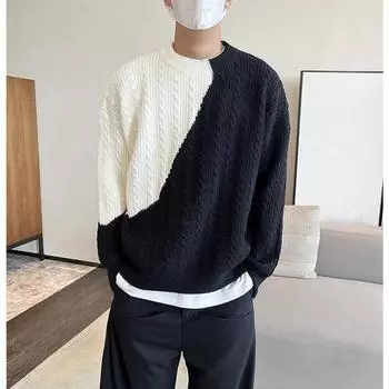 Autumn and winter handsome patchwork round neck sweater men s long-sleeved tops new trendy contrasting color knitted bottoming shirt M