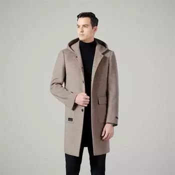 Autumn and winter hooded double-sided nylon wool coat men s medium-length double-sided denim coat windbreaker men s youth trendy coat 170