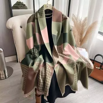 Autumn And Winter Houndstooth Geometric Patchwork Flowers Fashion Commuter Warm Women S Scarf 185*65cm коричневый