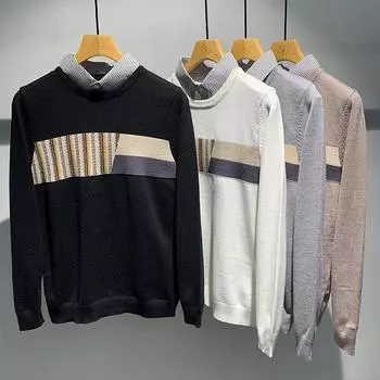 Autumn and winter Korean style striped shirt fake two-piece sweater men s new slim fit versatile jacquard color-blocked casual sweater M