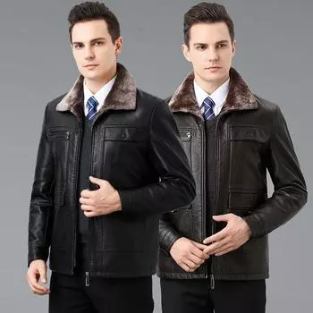 Autumn and winter leather jackets for men, velvet short, middle-aged leather jackets, lapel fur all-in-one jackets for men, thickened daddy clothes 170