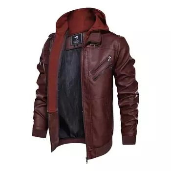 Autumn and winter men s detachable hooded solid color slim coat large size casual and versatile motorcycle leather jacket XL
