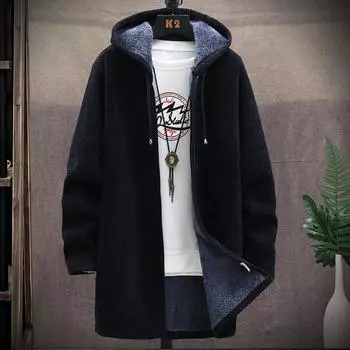 Autumn and Winter Men s Korean Version Knitted Cardigan Plush Thickened Sweater Fashionable Medium and Long Coat Sweater M чёрный