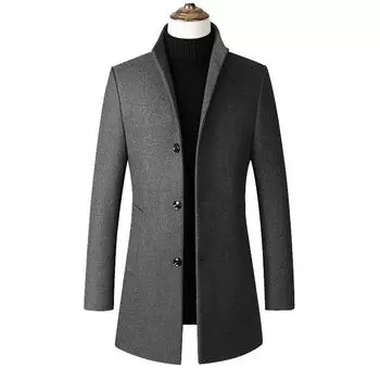 Autumn and Winter Men s Medium and Long Single-breasted Trench Coat, European and American Solid Color Stand-up Collar Coat M чёрный