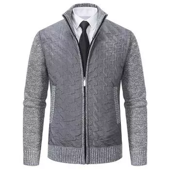 Autumn and Winter Men s Stand-up Collar Thick Thermal Fleece Cardigan Sweater Jacket Splicing Casual Jacket M