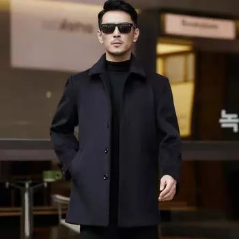Autumn and winter men s woolen wool coat, middle-aged and elderly casual lapel cashmere windbreaker dad s buttoned jacket 170
