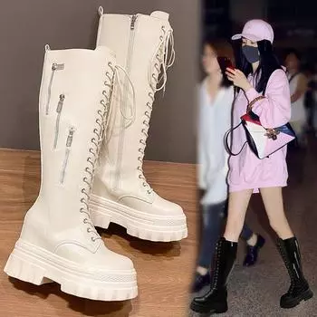 Autumn and Winter New High-heeled Slimming Boots Female Knee High Straps Mid-heel Thick-heeled Women Boots 34(Foot 22cm) чёрный