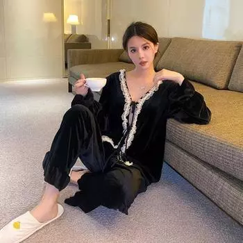 Autumn and Winter New Lace-up Gold Velvet Lace Pajamas for Women Solid Color V-neck Home Clothes Wearable Pajamas Set M чёрный