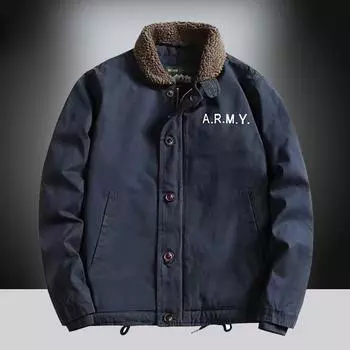 Autumn and Winter New Lamb Wool Cotton-padded Clothes with Fleece and Thickened Tooling Large Size Navy Deck Clothes Middle-aged Retro Jacket Men M хаки