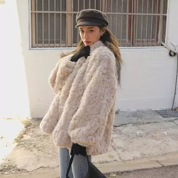 Осень-зима, новая шуба из овечьей шерсти, женская, средней и длинной длины, ленивый ветер, маленький воротник-стойка, имитация шубы из кролика Рекс S абрикосовый