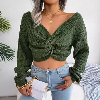 Autumn And Winter New Long Sleeved Knotted Exposed Navel Knitted Solid Color Pullover Sweater For Women S зелёный