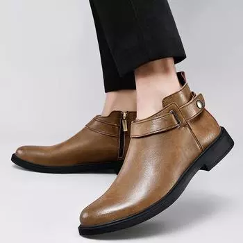 Autumn and Winter New Men s Chelsea Boots Fashion Men s Comfortable Buckle Short Boots Men s Velvet Warm Black/Brown Ankle Boots 37 чёрный