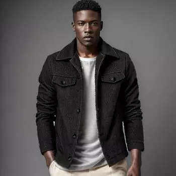 Autumn and Winter New Men s Trend Fashion Woolen Jacket Single-breasted Solid Color Jacket M чёрный