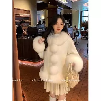 Autumn and winter new women s woolen coat wool ball big fur collar jacket celebrity down jacket S 80-55 kg