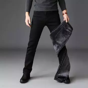 Autumn And Winter Plus Velvet Thick Warm Men S Mid High Waist Straight Leg Jeans Men S Pants Trendy Jeans 28 чёрный