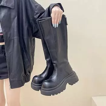 Autumn and winter retro versatile fashion boots round head thick sole heightening sleeve boots women s fashion thin boots 35