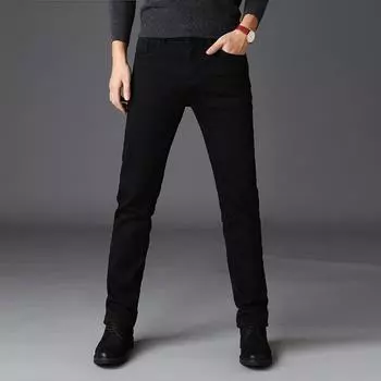 Autumn And Winter Thick Men S Black Non Fading Elastic Slim Fit Small Straight Leg Denim Pants Fashionable Casual Versatile Men S Pants 28 чёрный