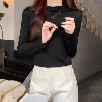 Autumn and winter velvet warm tops are popular this year, half turtleneck lace sexy fungus edge long-sleeved bottoming shirt T-shirt for women S