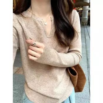 Autumn and winter wear high-end loose and lazy style knitted sweater for women V-neck collarbone exposed slim long-sleeved bottoming shirt top One Size
