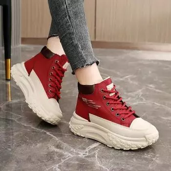 Autumn Casual Sneakers Color Blocking Thick Bottom 5cm Heightening Women White Leather High-Top Fashion Outdoor Sports Shoes 35 чёрный