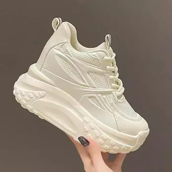Autumn Chunky Platform Sneakers Women Spring Hollow Leisure High Heels Sports Shoes Fashion Breathable Thick Bottom Dad Shoes 34 бежевый
