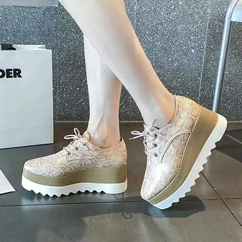 Autumn Chunky Platform Vulcanized Shoes Women Fashion Snake Pattern Wedges Sneakers Woman Lace-Up Pu Leather Walking Shoes 35 чёрный