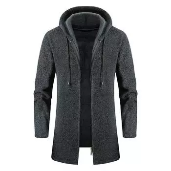 Autumn Men s Mid-length Plus Velvet Solid Color Hooded Knitted Cardigan S чёрный