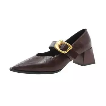 Autumn New Coarse Heel Shoes Women s Fashion Pointed Head Shallow Mouth Metal Buckle Non-slip Low-top Shoes 35