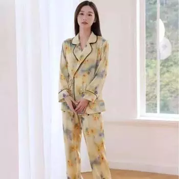 Autumn New Jacquard Lapel Ice Silk Thin Long-sleeved Trousers Pajamas Suit Strap Home Clothes Two-piece Set M