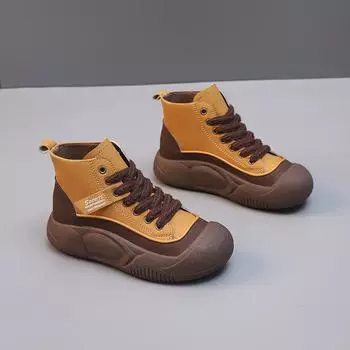Autumn new Korean version high-top leather versatile flat-soled white shoes women s casual sports thick baseplate shoes 35 жёлтый