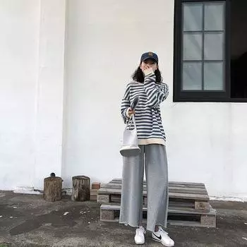 Autumn New Korean Women s Striped Long-sleeved T-shirt for Women s Tops for Students Thin Loose Round Neck Sweatshirt for Women M